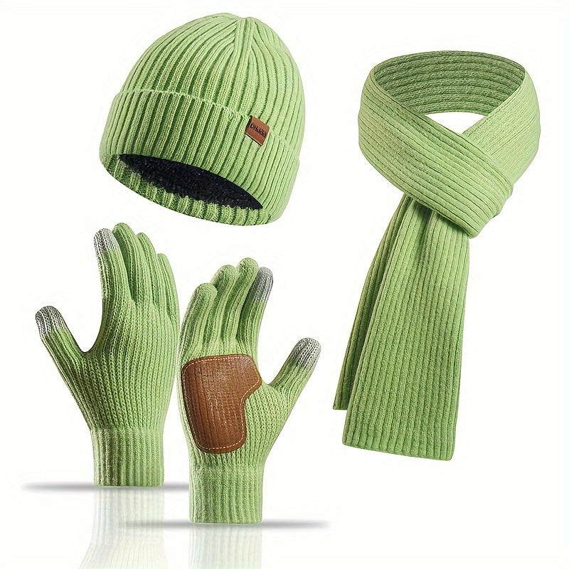 Unisex Winter Comfort Set – Knitted Beanie, Scarf, and Gloves – Green