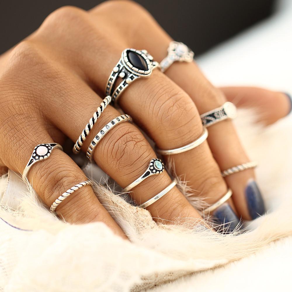 12 Elegant Stackable Crystal Rings Set – Silver