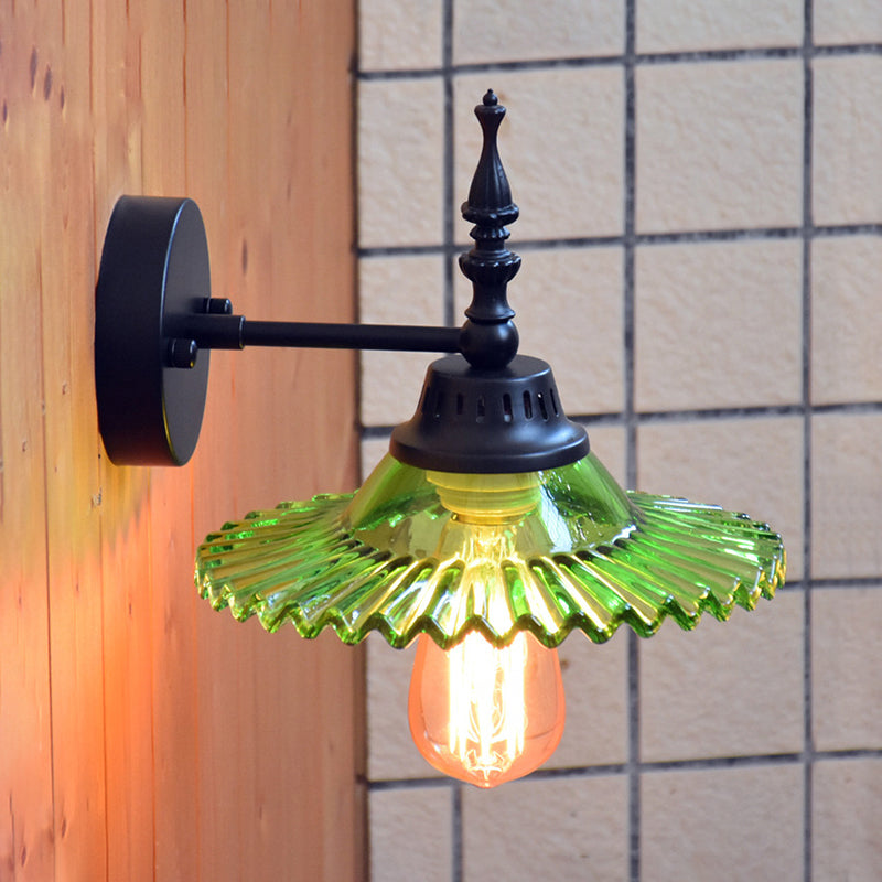 Industrial Wall Lamp with Clear and Green Glass Cone Shade for Living Room – Green