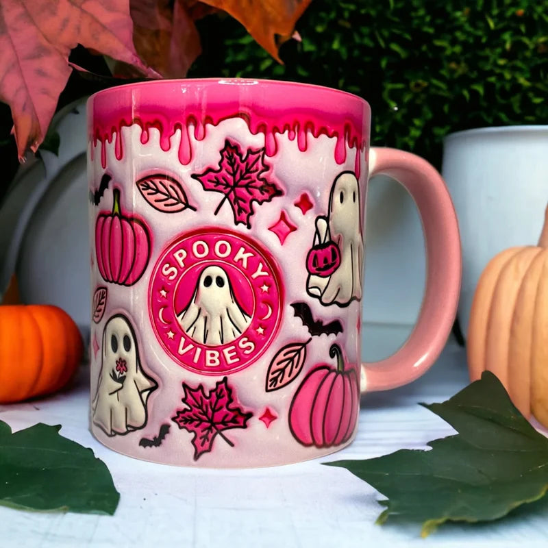 Coffee Mug Featuring Ghost Design and Pumpkin Motif – Pink