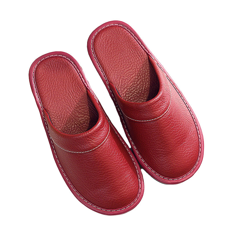 Flat House Shoes for Men and Women - Leather Slippers – Wine Red