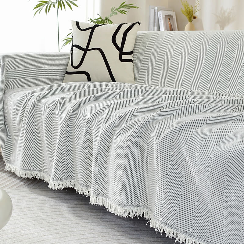 Chenille Herringbone Blanket with Tassels for Sofa – Light gray