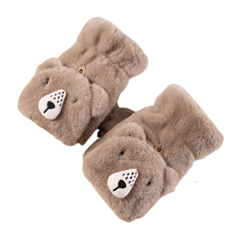 Winter Gloves for Women - Adorable Bear Fur Mittens – Khaki