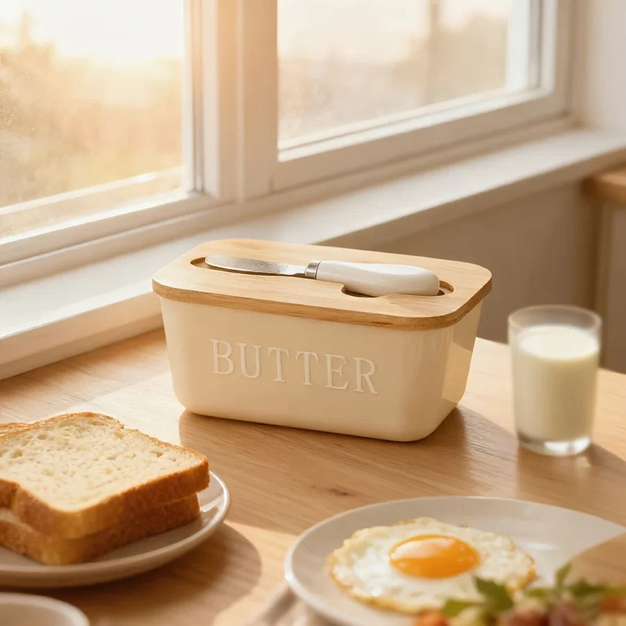 Airtight Silicone Seal Butter Dish (Bamboo Lid & Knife)