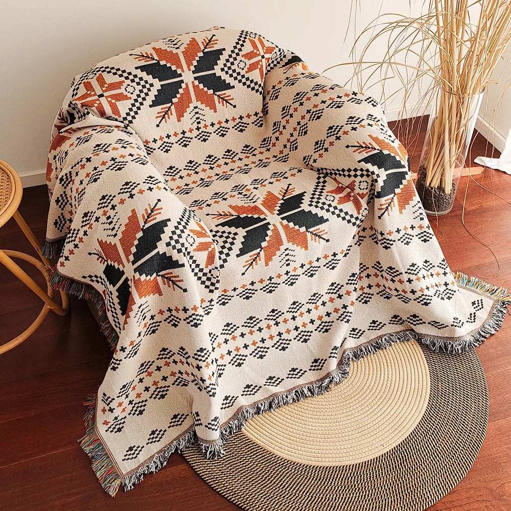 XXL Southwest Ethnic Design Throw Blanket with Fringe Edges - Boho Aztec Checkered Cotton Blend – Orange Maple Leaves