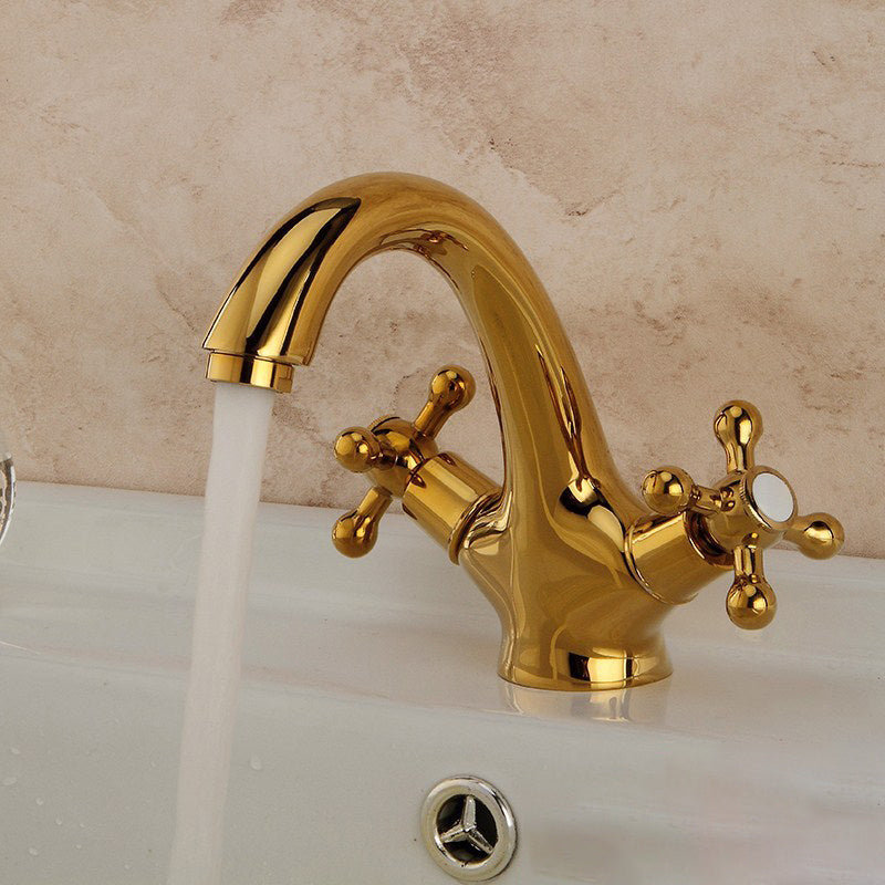 Wide Spread Industrial Bathroom Sink Faucet with 2 Cross Handle Taps – Gold