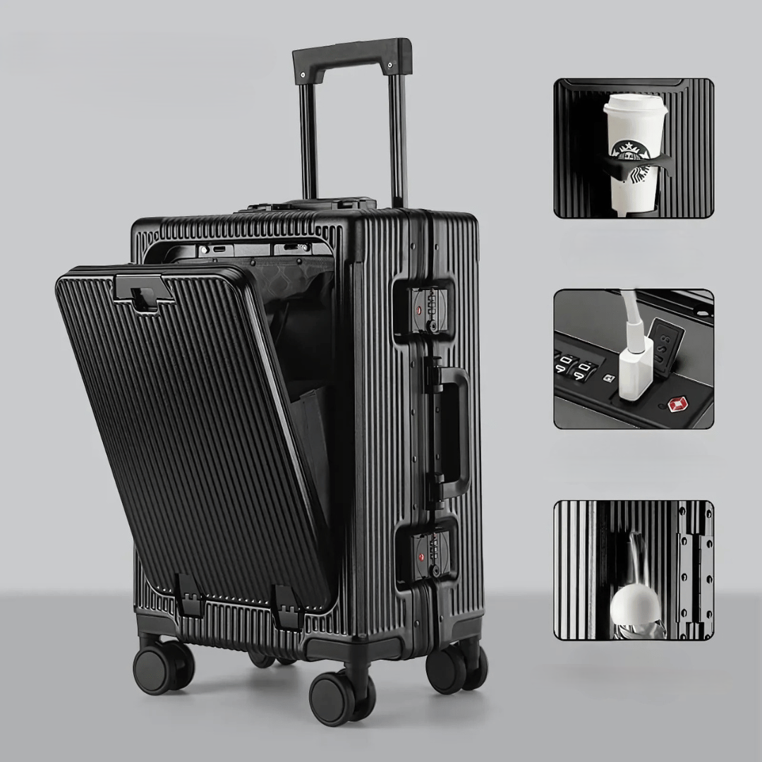 Hard Shell Carry-On Suitcase with Aluminium Frame – 20 Inch, 40L, Laptop Compartment & USB Ports – Black