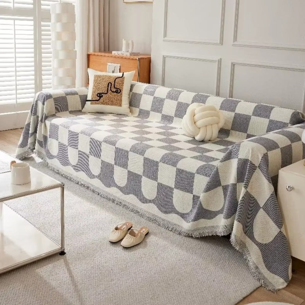 Chic Checkered Couch Protector with Elegant Tassels – Grey