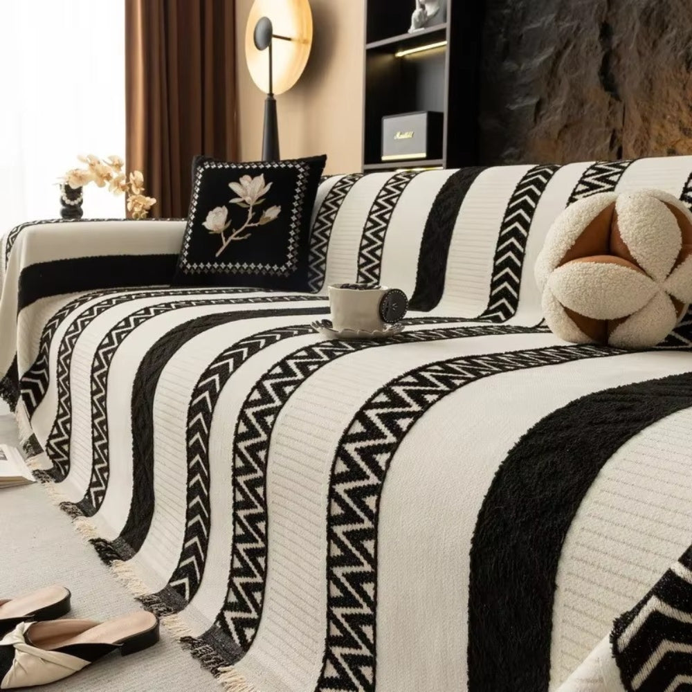Stylish Chevron Design Chenille Sofa Protector – Ebony Black