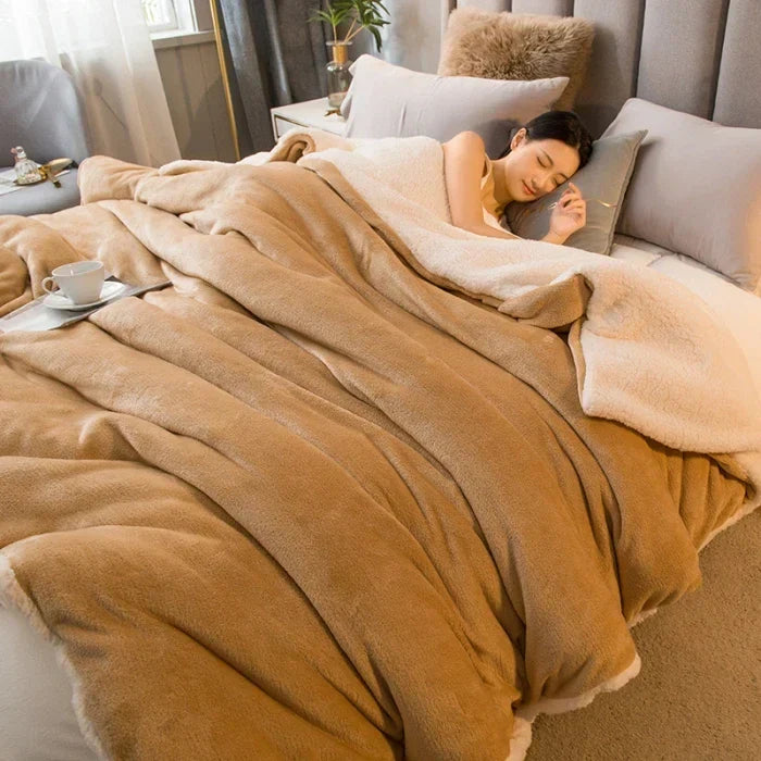 Reversible Wool Blanket – Flannel & Cashmere Winter Warm Throw – Camel Color