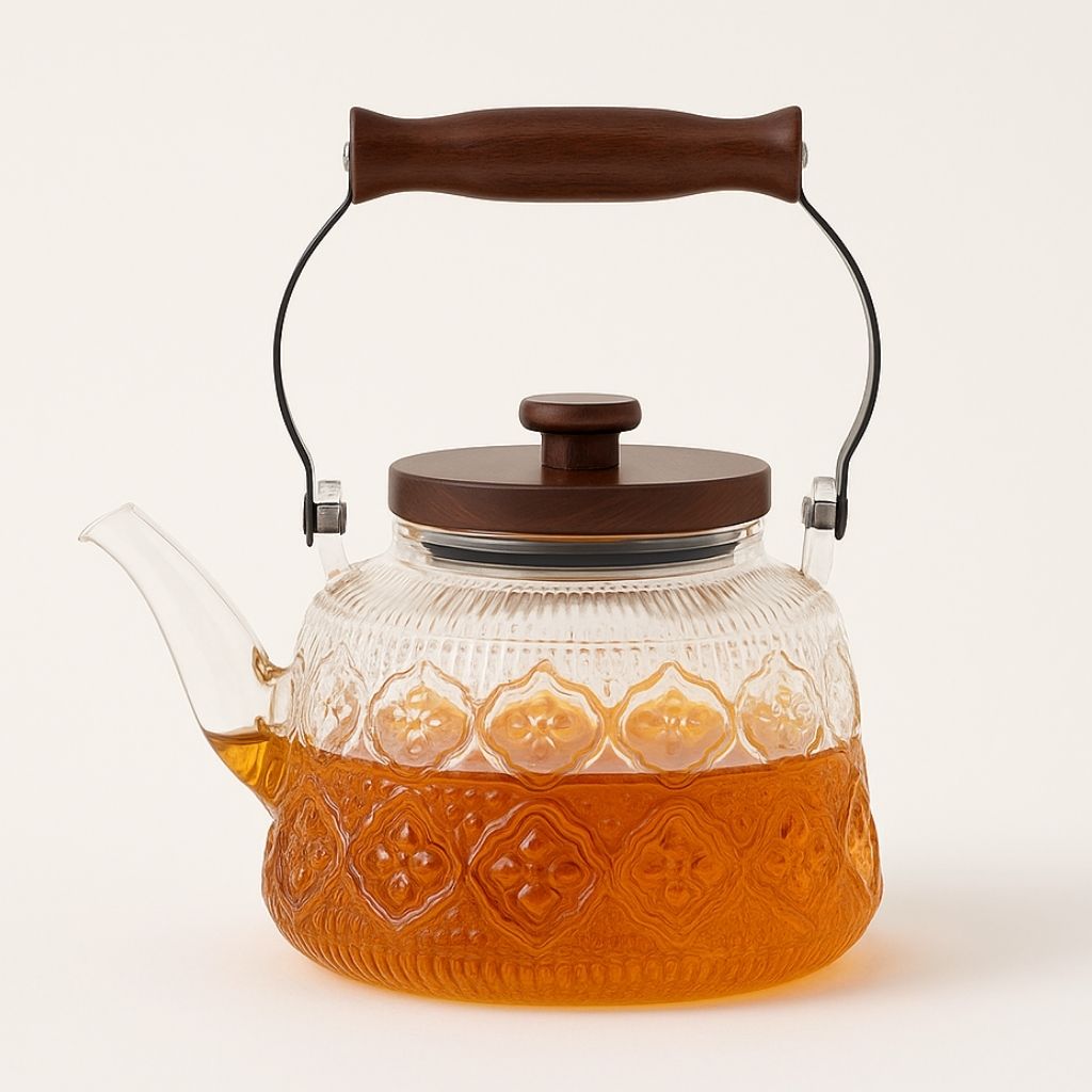 Glass Teapot with Infuser – 1000ml Borosilicate Kettle, Heat-Resistant, Wooden Handle