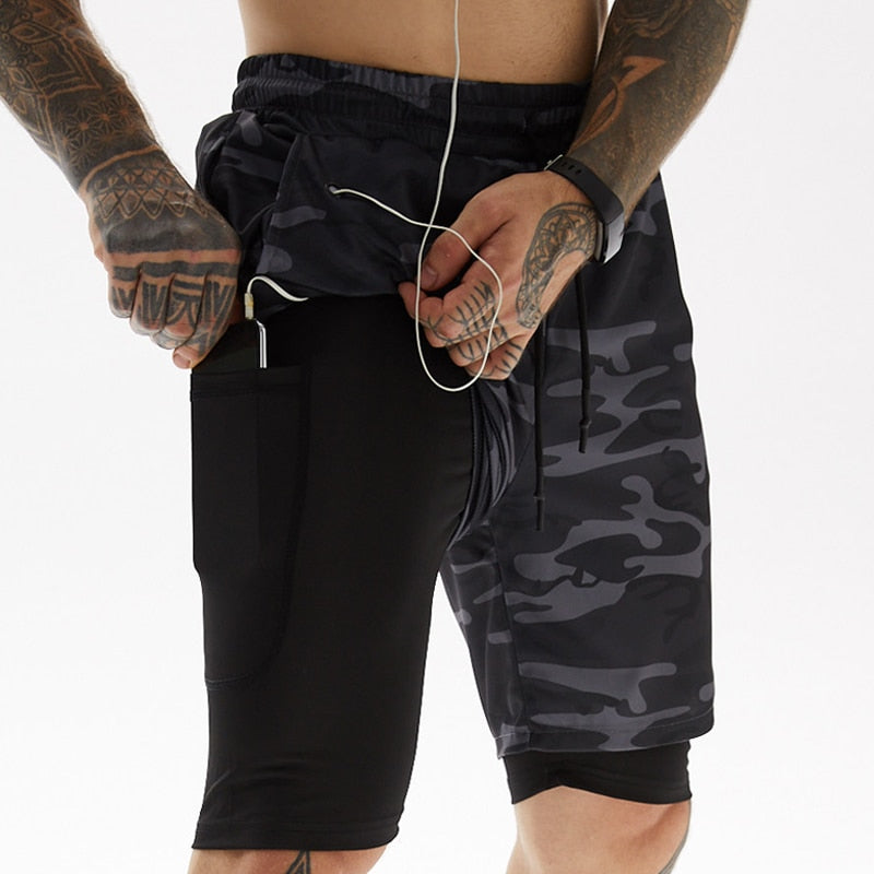 Dual-Function Quick-Dry Athletic Shorts – Gray/Green Camo