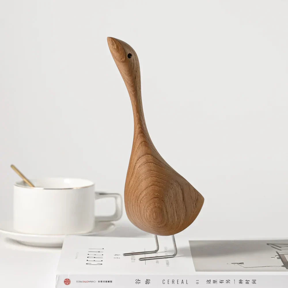 Abstract Teak Wood Goose Couple Sculpture – Nordic Animal Home Decor – L-14.5x6.5x20cm