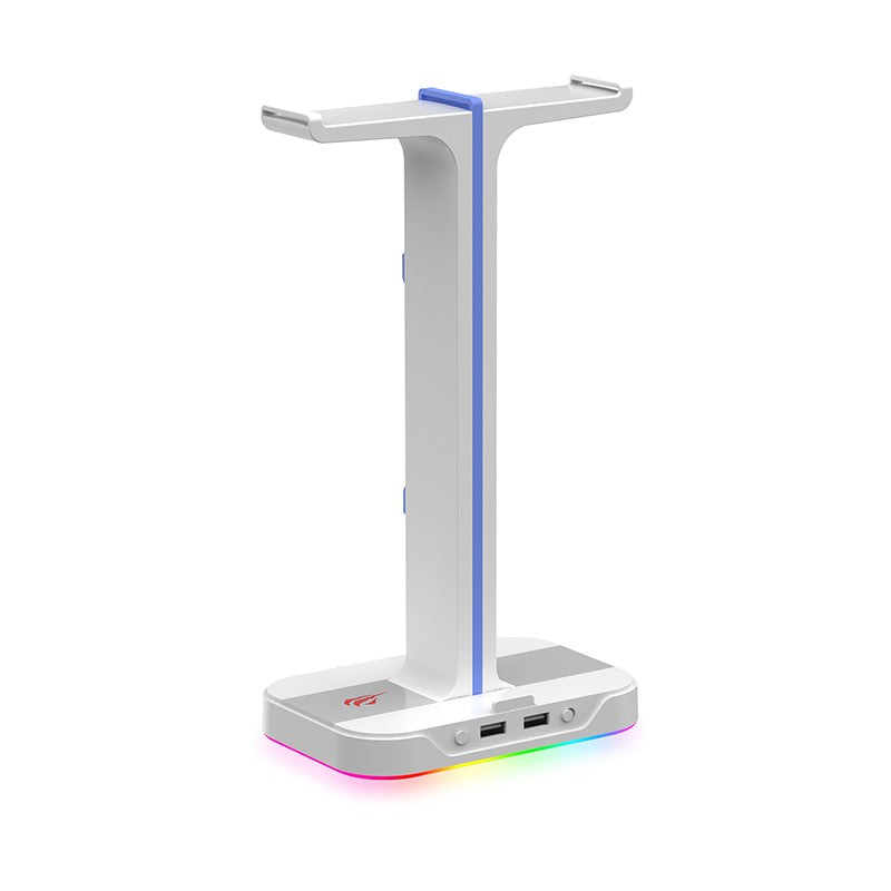 Headphone Holder with RGB Lighting, 0.14 in Aux and Dual USB Ports – White