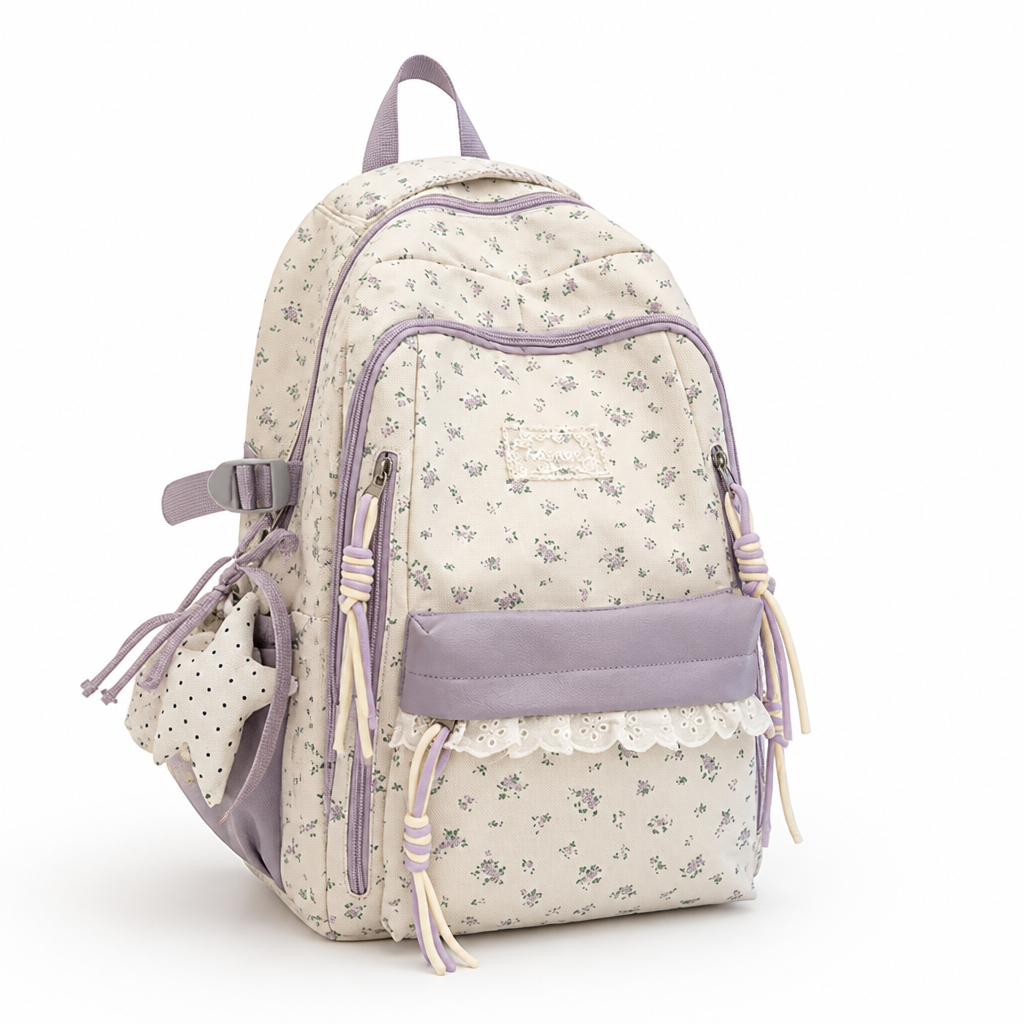 Sleek and Stylish Floral Design Backpack for School – Purple
