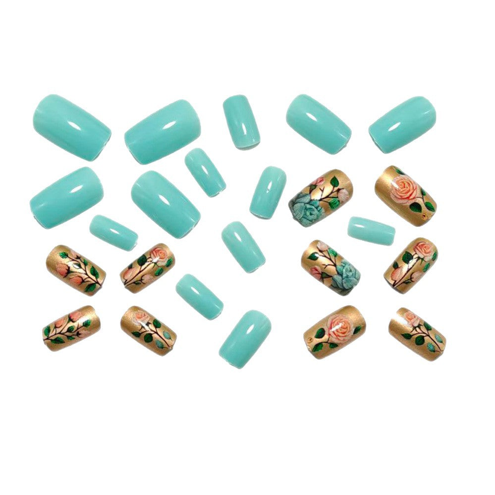 Romantic Floral Patterned Acrylic Nail Set – Yellow