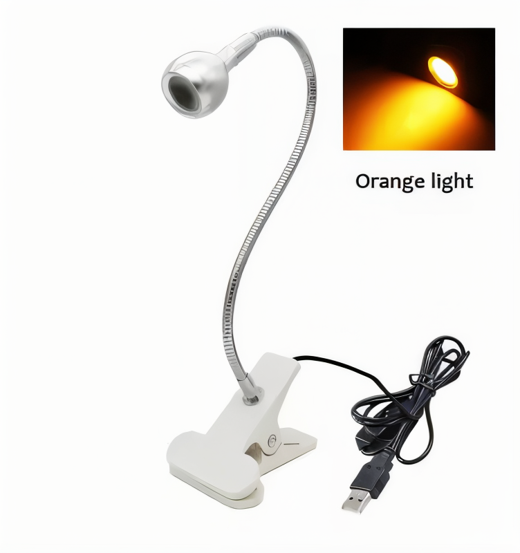 Flexible USB Desk Lamp with 360° Rotation for Reading and Studying – Silver - Orange Light