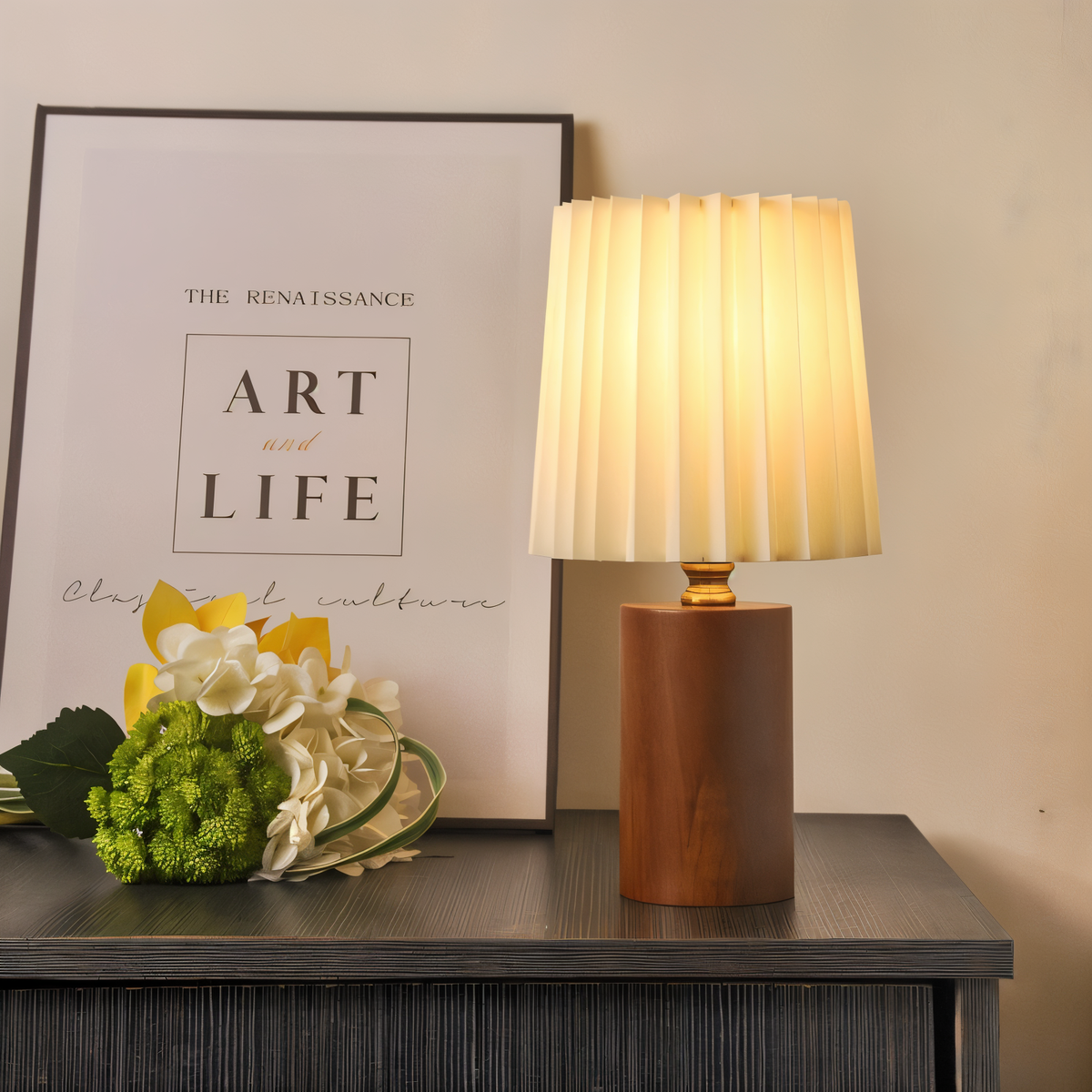 Nordic Style Wooden Lamp with Pleated Fabric Shade – Dark Wood