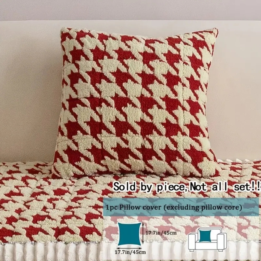 Chic Plush Houndstooth Sofa Protector with Accent Cushions – Crimson Edge