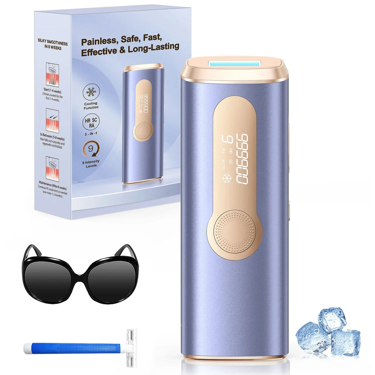 Hair Removal Device with 999,900 Flashes | 9 Energy Settings, Auto-Glide and Skin Sensor – Purple