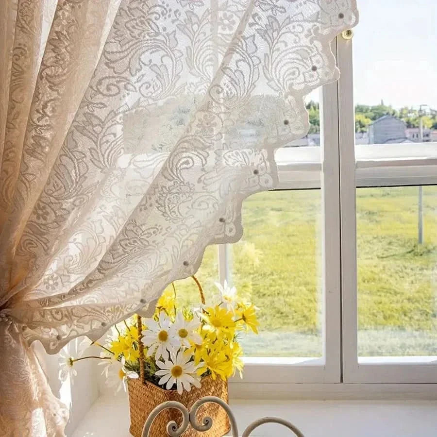 Elegant Beaded Phoenix Tail Lace Curtain in French Country Style – Coffee Brown