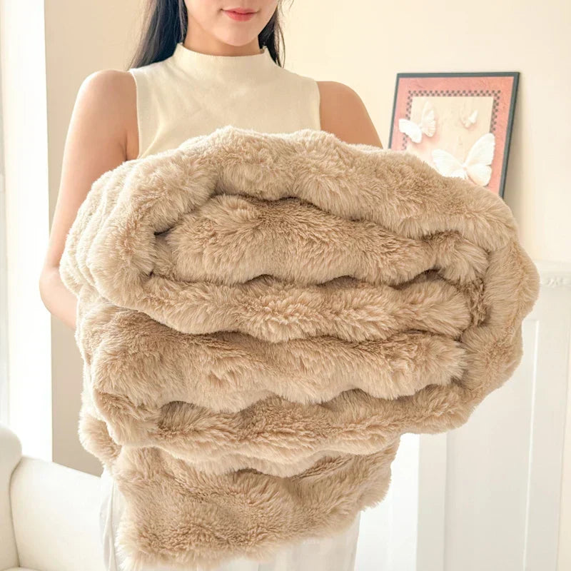 Extra Thick Double Layer Soft Plush Blanket – Easy Care – Caramel