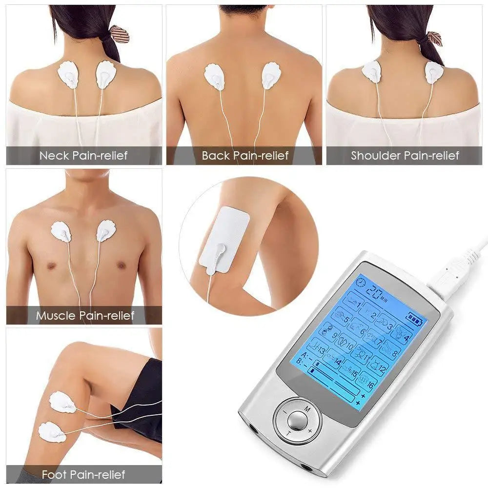 Rechargeable Muscle Stimulator with Dual-Channel TENS & EMS – 16 Modes, 10 Intensities – Silver