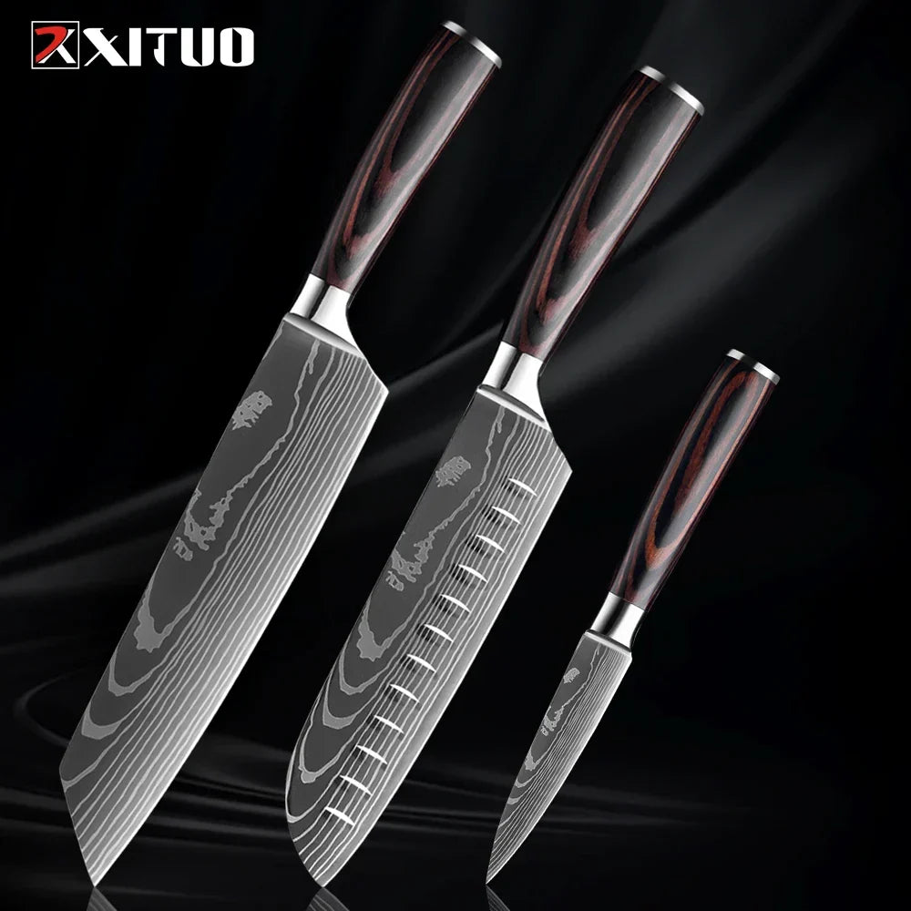 Kitchen Knife Collection - 1-9 Pieces Stainless Steel Chef, Santoku & Fruit Knives with Ergonomic Pakkawood Grip – 3PCS Knife B