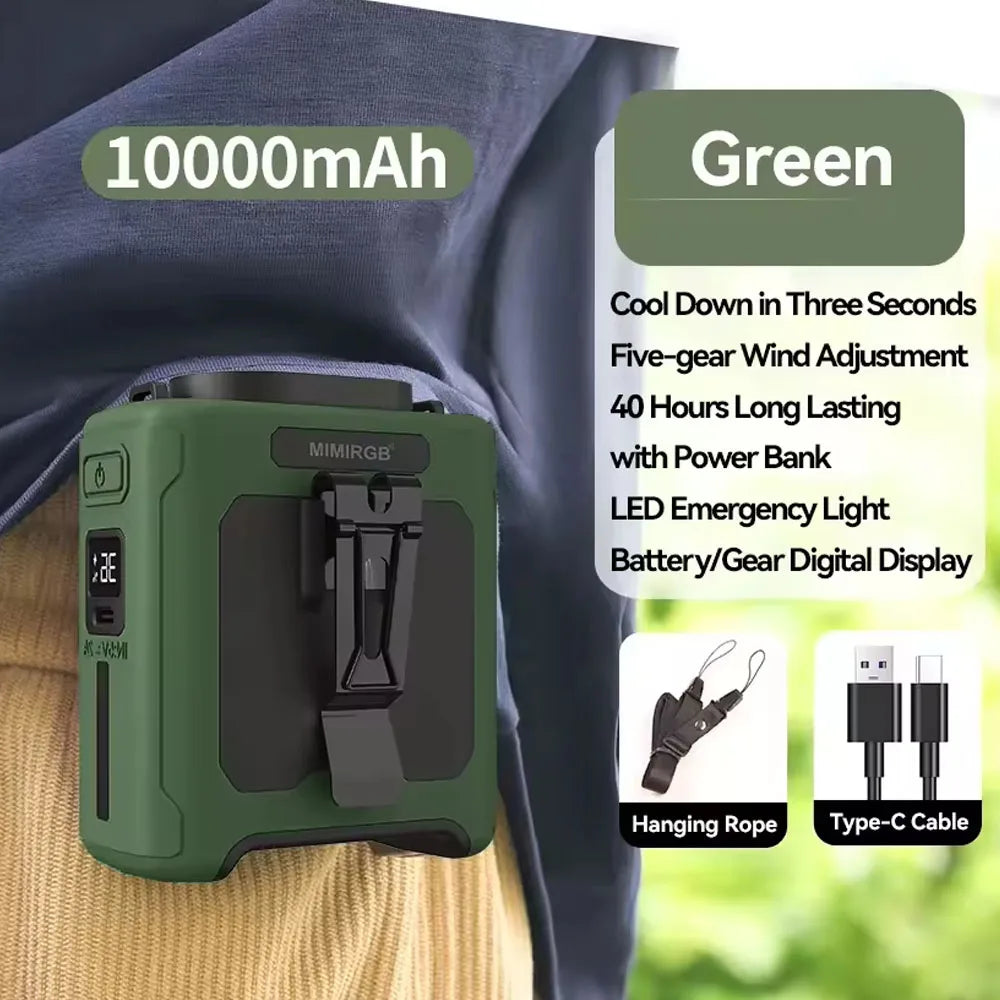 Rechargeable 10000mAh Clip-On Fan with Power Bank – Wearable, USB, 5-Speed – Green