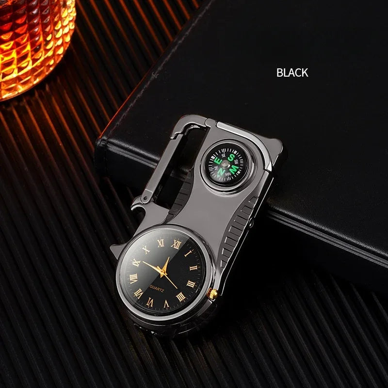 Keychain Lighter with Compass and Windproof Butane - 4-in-1 Metal Tool – Black