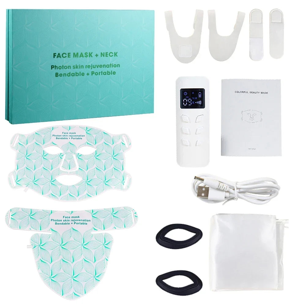 LED Face and Neck Mask with 8 Colors, 480 Lights, Rechargeable Battery, Silicone Design & Timer Options of 10/20/30 Minutes – Green