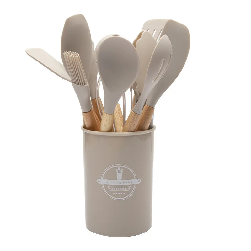 Kitchen Utensil Set - 12-Piece Silicone with Wooden Handle for Cooking, Frying & Serving – Khaki