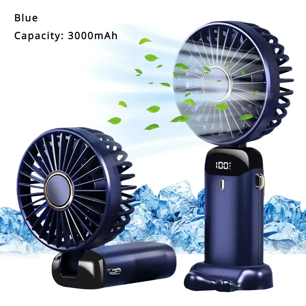 Portable Mini Fan 5000mAh – Wireless USB Rechargeable with Digital Screen and Phone Holder, 5-Speed Neck Hanging Design – Blue 3000mAH