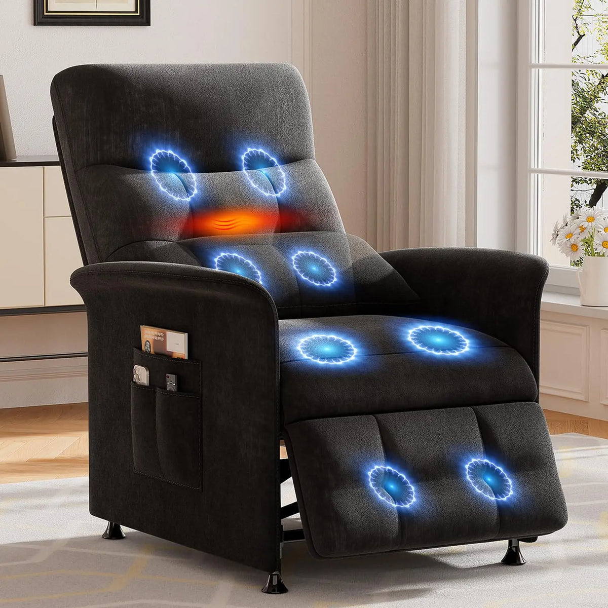 Electric Recliner Chair with Massage and Heat – 8 Vibration Nodes, Footrest & Side Pockets – Black