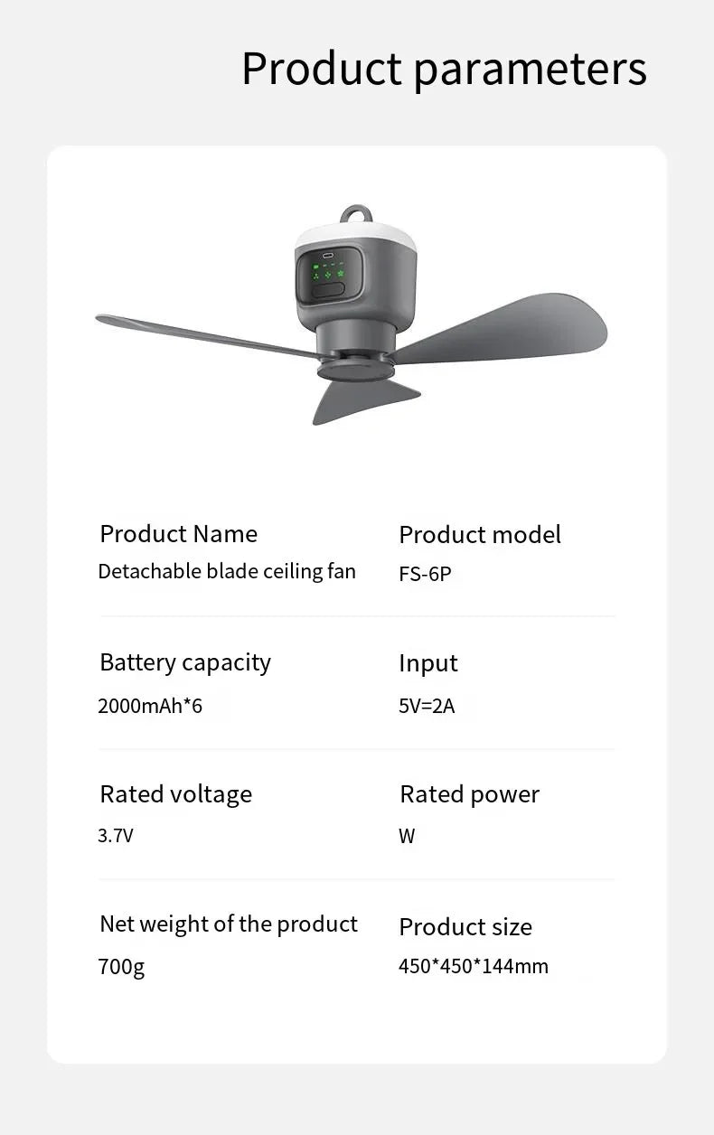 12000mAh Outdoor Camping Fan – Portable Ceiling Air Circulator and Cooler – Grey