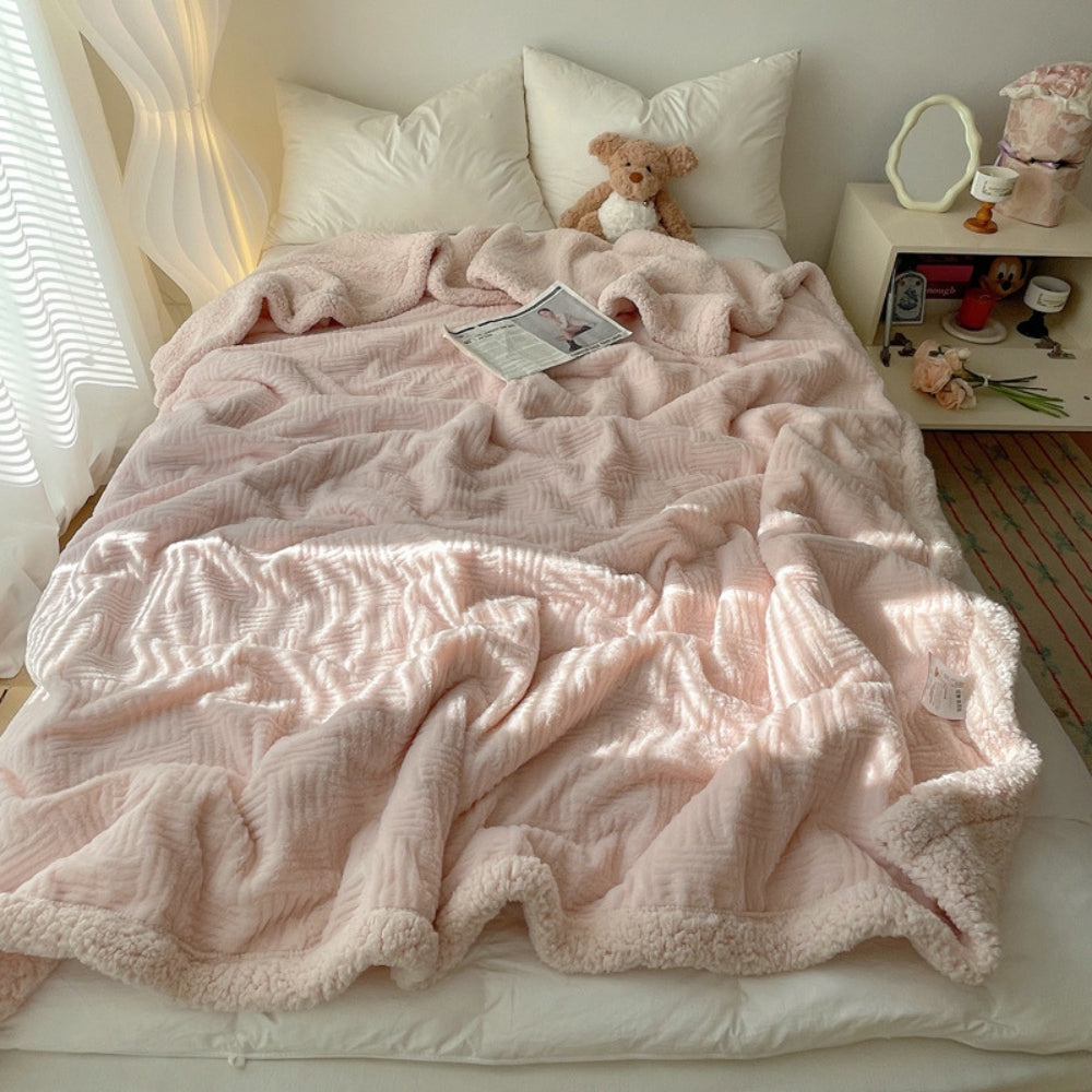 CloudNest Luxe Jacquard Rabbit Plush Throw – Blush Pink