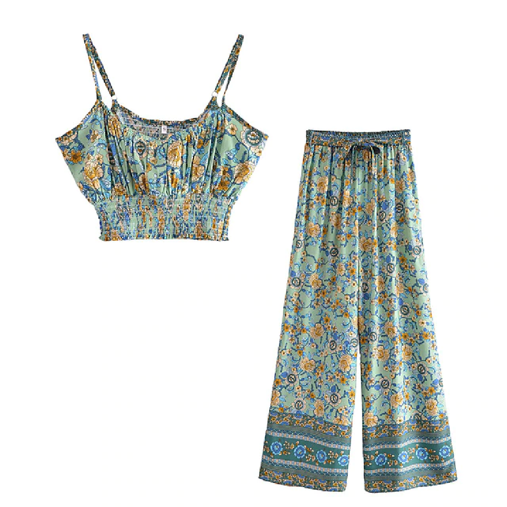 Bohemian Floral Print Suit for Women in Vintage Style – Deep Green