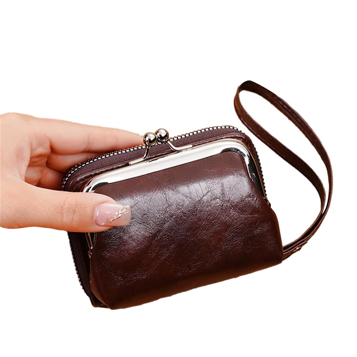 Vintage Coin Purse for Women with Zipper and Kiss Lock Wrist Design – Coffee