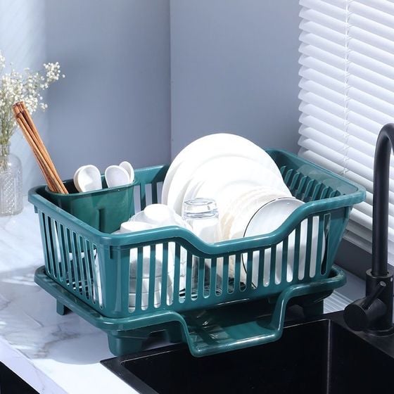 Two-Tier Dish Drying Rack for Kitchen Use – Dark Green