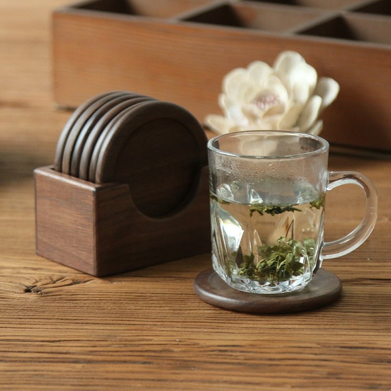 Set of 6 Wooden Coasters in Japanese Design – Walnut 6 Piece
