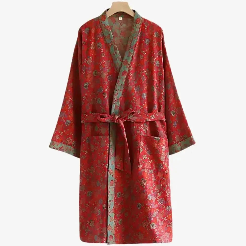 Organic Cotton Kimono Robe for Comfortable, Breathable Daily Wear – Green & Red