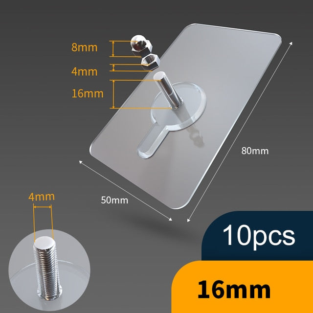 10 Pack Heavy-Duty Transparent Adhesive Hooks Without Drilling – 10 pieces 16 mm