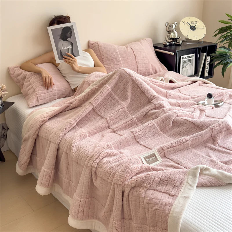 Reversible Velvet Comfort Blanket | Jacquard Coral Fleece Winter Throw
