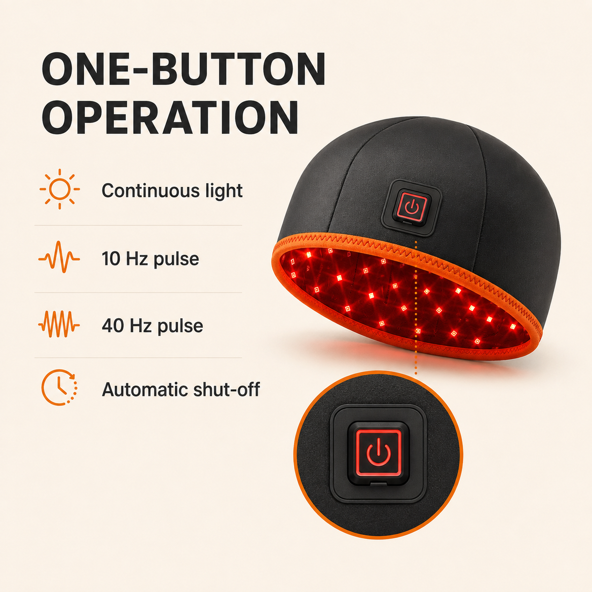 Red and Near-Infrared Light Therapy Cap | 660nm/850nm LEDs, Pulse Modes 10Hz/40Hz, Auto Shut-Off