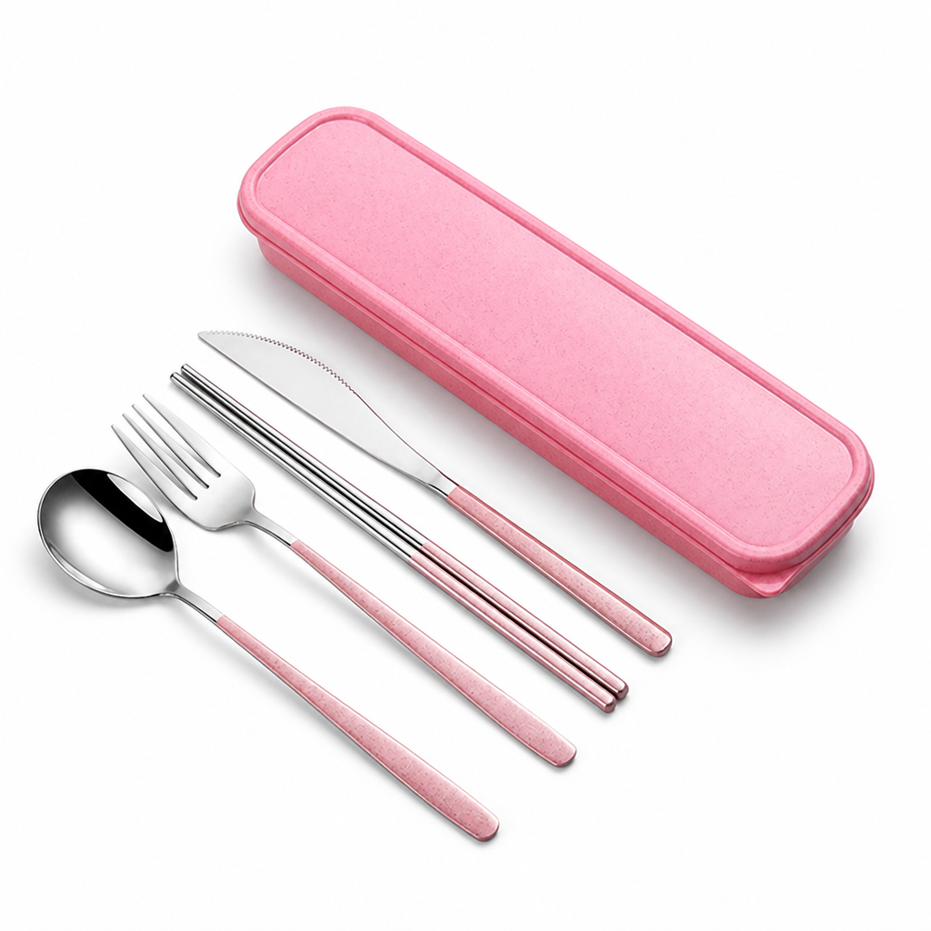 Sustainable Stainless Steel Travel Cutlery Set – Pink-Silver