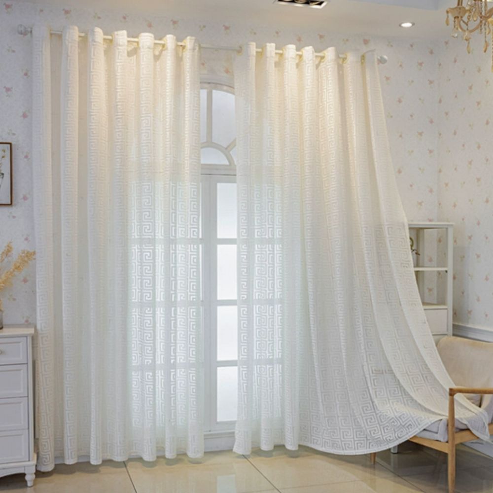 Elegant Maze Patterned Window Drapery – Ivory White