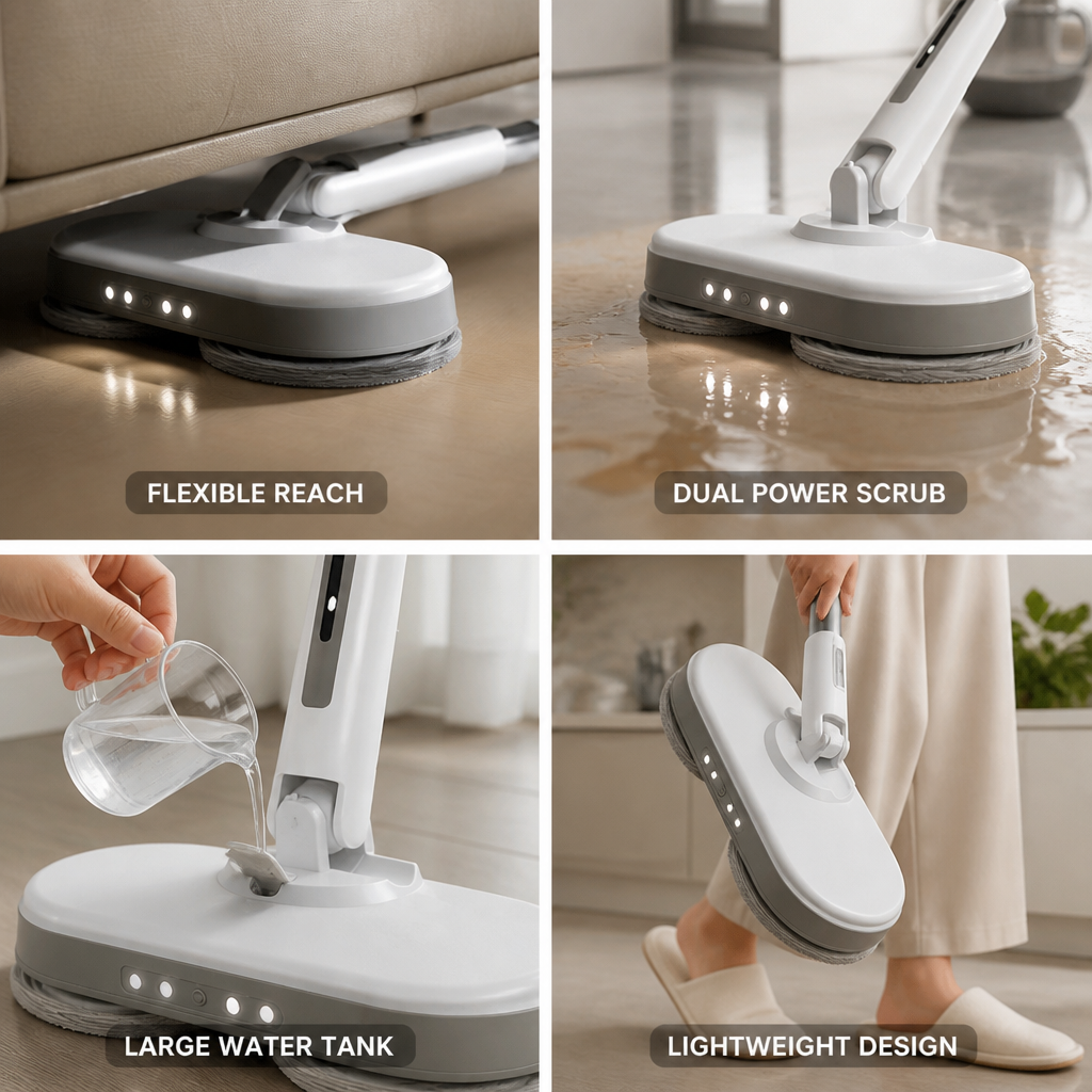 Cordless Electric Wet Mop with Dual Motors and 420 ml Tank – White