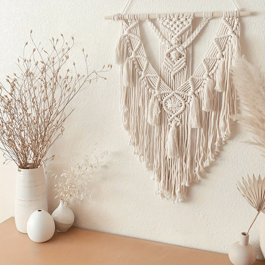 Handwoven Cotton Tapestry with Fringe – Bohemian Wall Decor for Bedroom