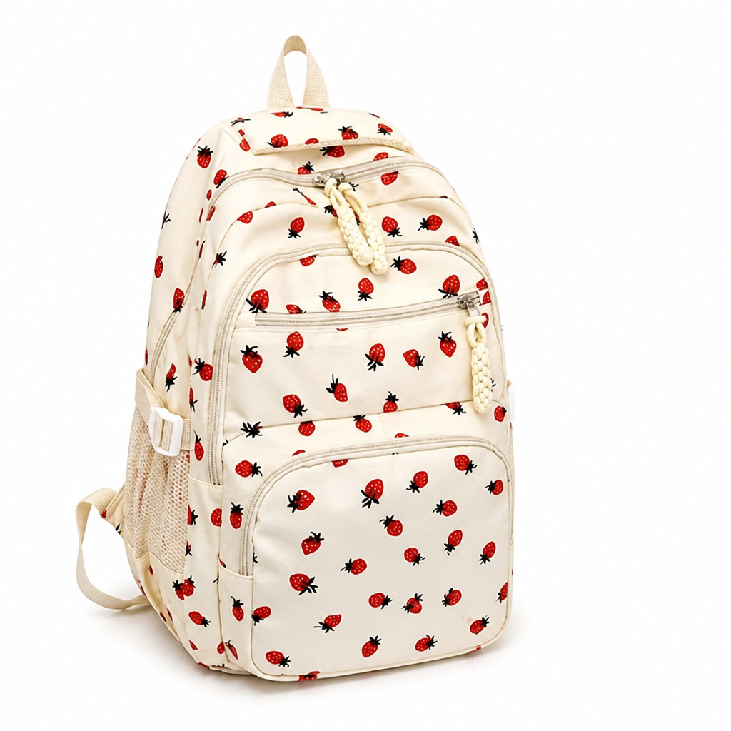 Chic and Spacious Multi-Pocket Backpack – Strawberry White