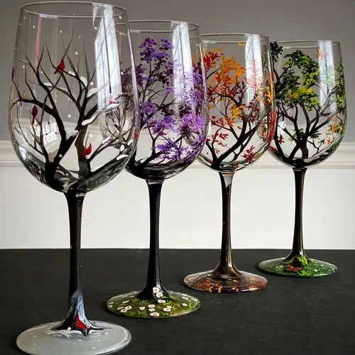 Hand-Painted Art Wine Glasses - Tree of the Four Seasons
